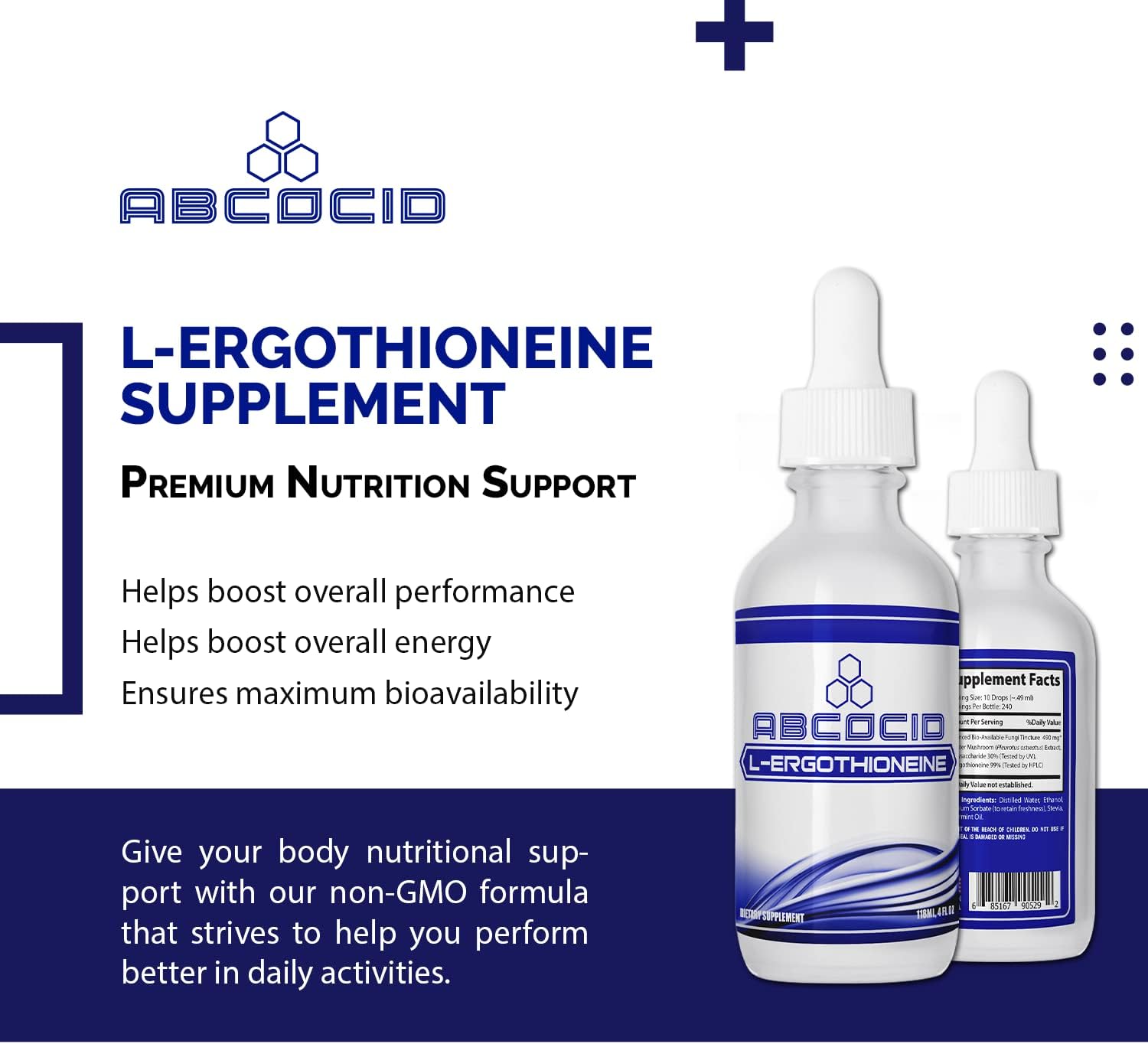 Premium ABCOCID L-Ergothioneine Liquid Supplement 490mg - 4 Oz Bottle - 240 Servings - Made in USA - Fast Absorption - High-Quality Ingredients - Non-GMO - GMP Certified - Cruelty-Free Formula