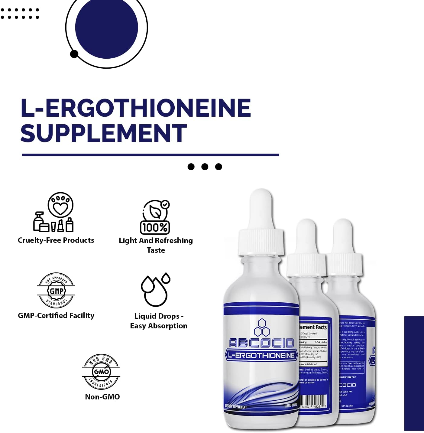 Premium ABCOCID L-Ergothioneine Liquid Supplement 490mg - 4 Oz Bottle - 240 Servings - Made in USA - Fast Absorption - High-Quality Ingredients - Non-GMO - GMP Certified - Cruelty-Free Formula