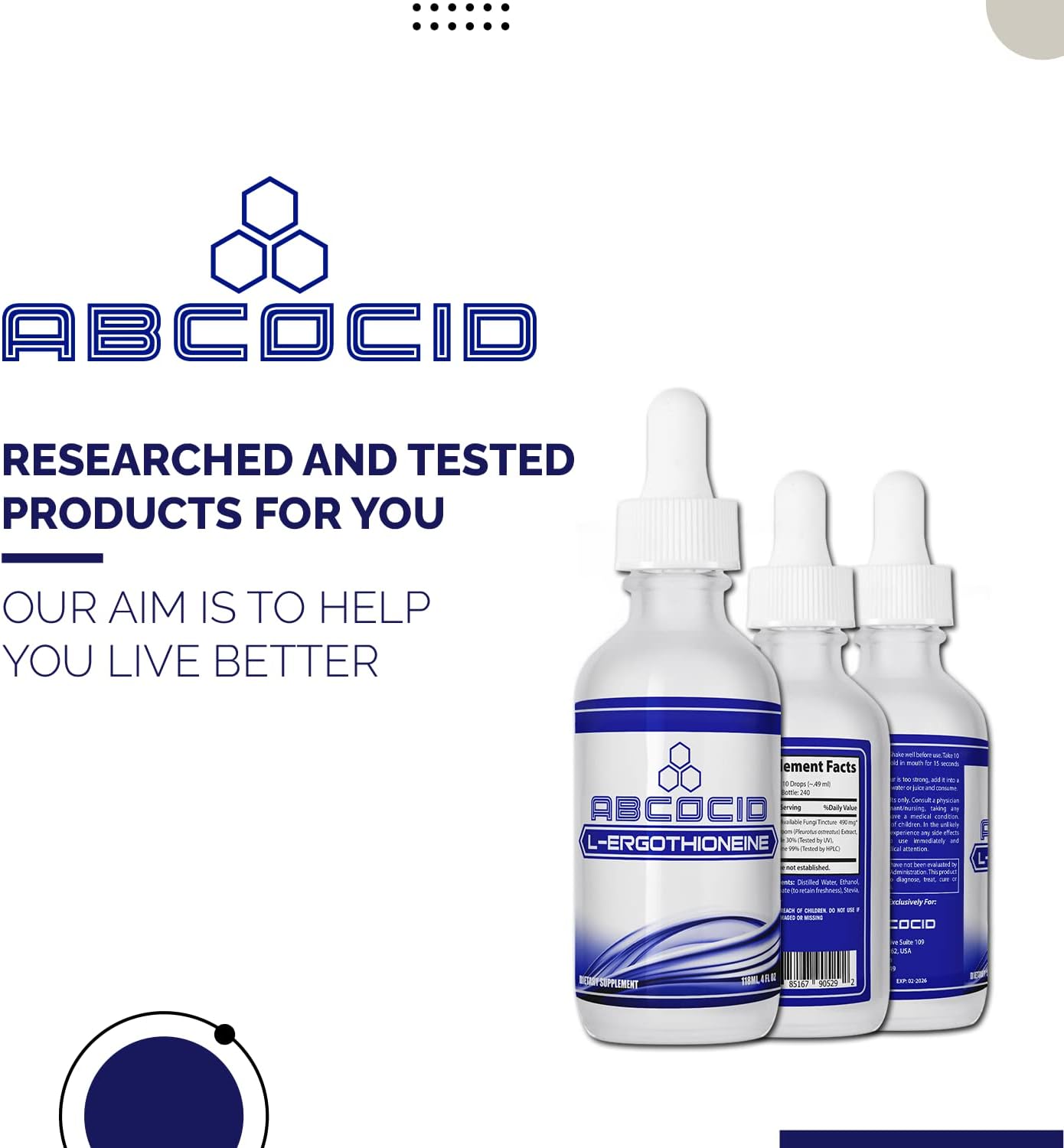 Premium ABCOCID L-Ergothioneine Liquid Supplement 490mg - 4 Oz Bottle - 240 Servings - Made in USA - Fast Absorption - High-Quality Ingredients - Non-GMO - GMP Certified - Cruelty-Free Formula