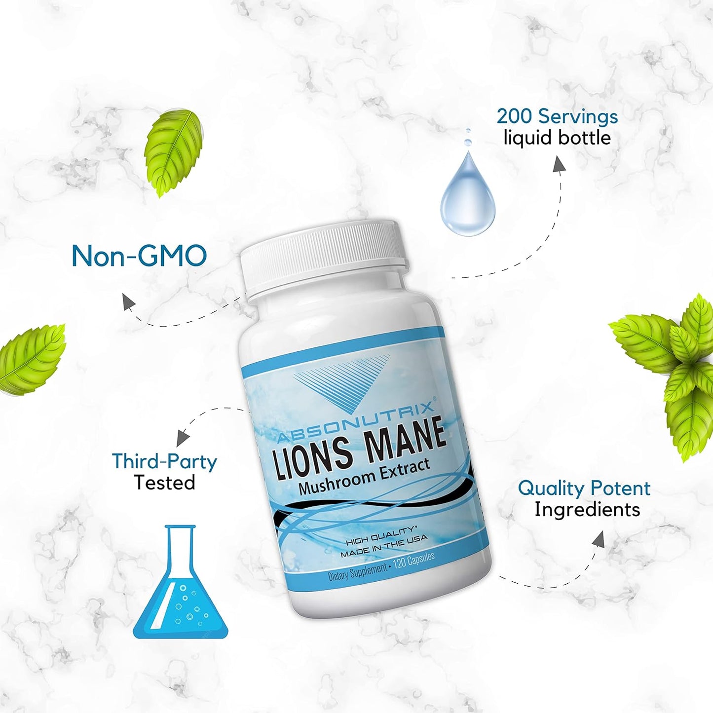 Premium Absonutrix Lion's Mane Mushroom Extract Capsules - USA-Made Immune & Cognitive Support Supplement - 500mg per Serving - GMP Certified
