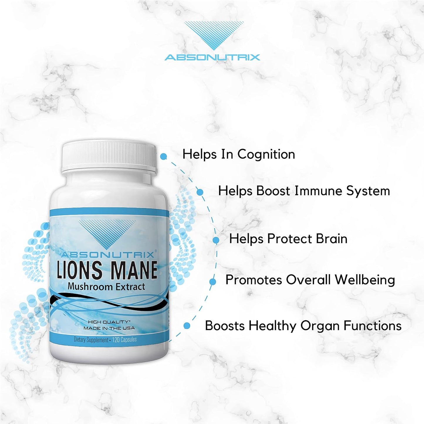 Premium Absonutrix Lion's Mane Mushroom Extract Capsules - USA-Made Immune & Cognitive Support Supplement - 500mg per Serving - GMP Certified