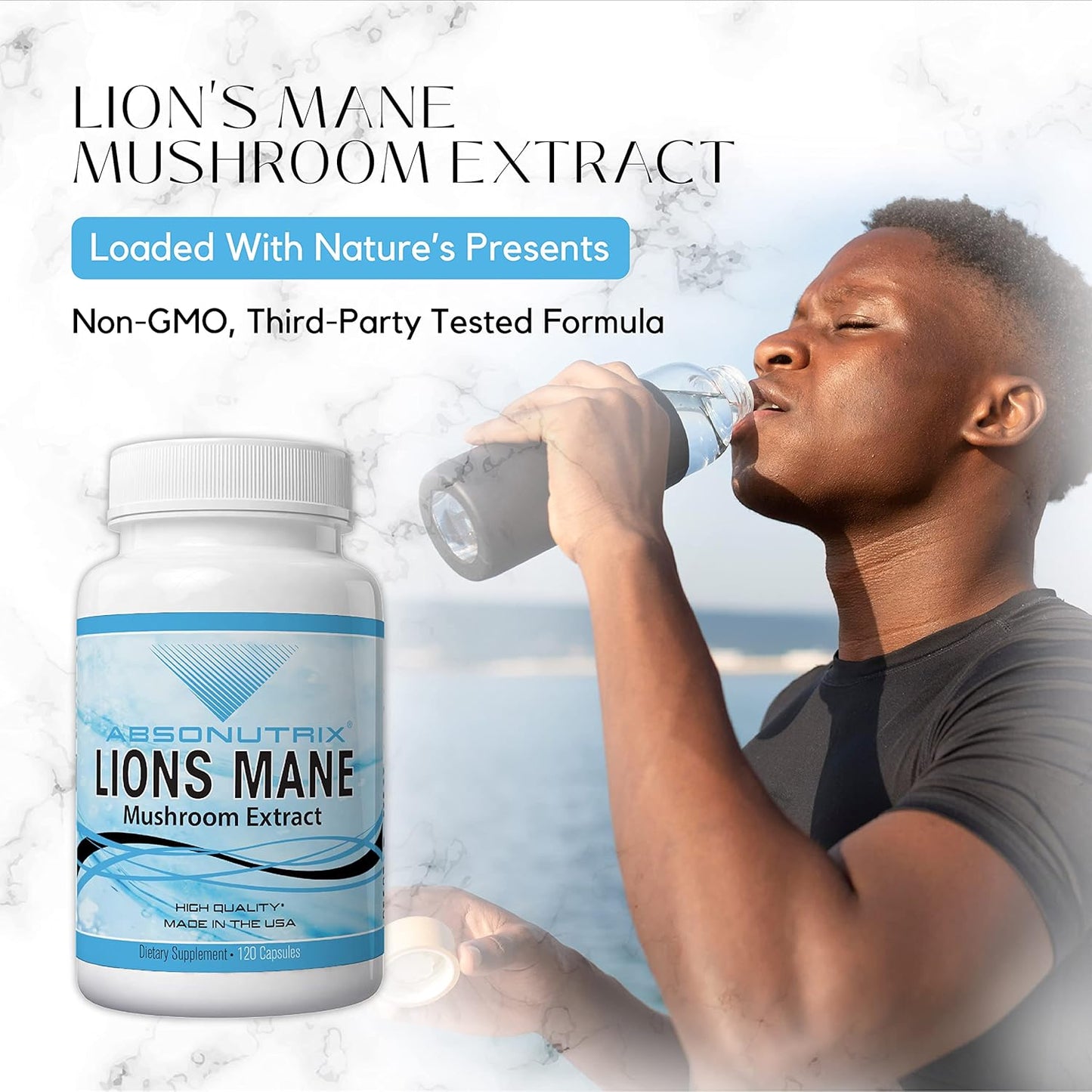 Premium Absonutrix Lion's Mane Mushroom Extract Capsules - USA-Made Immune & Cognitive Support Supplement - 500mg per Serving - GMP Certified