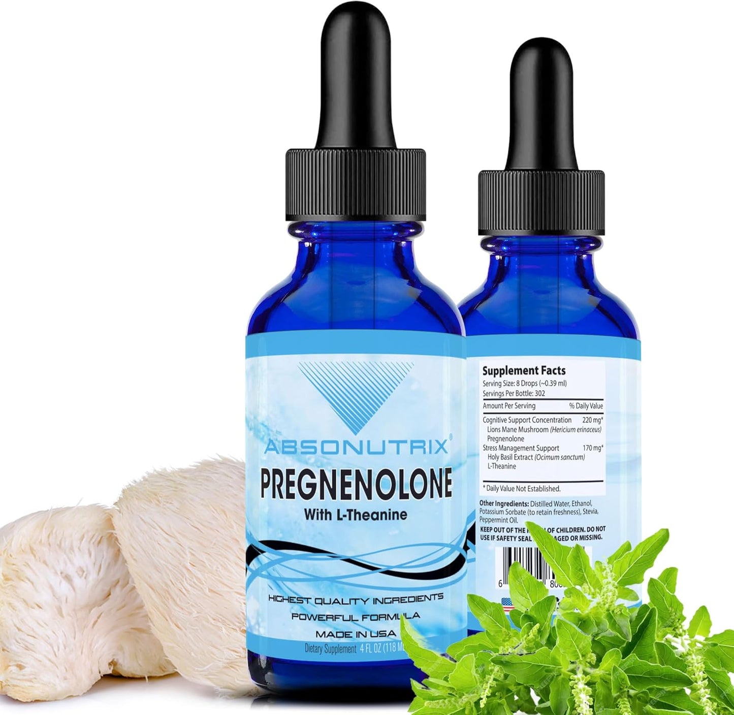 Premium Absonutrix Pregnenolone with L-Theanine Liquid - 390mg, 4 Oz, 302 Servings - USA Made, Fast Absorption, High-Quality Ingredients, Non-GMO, GMP Certified