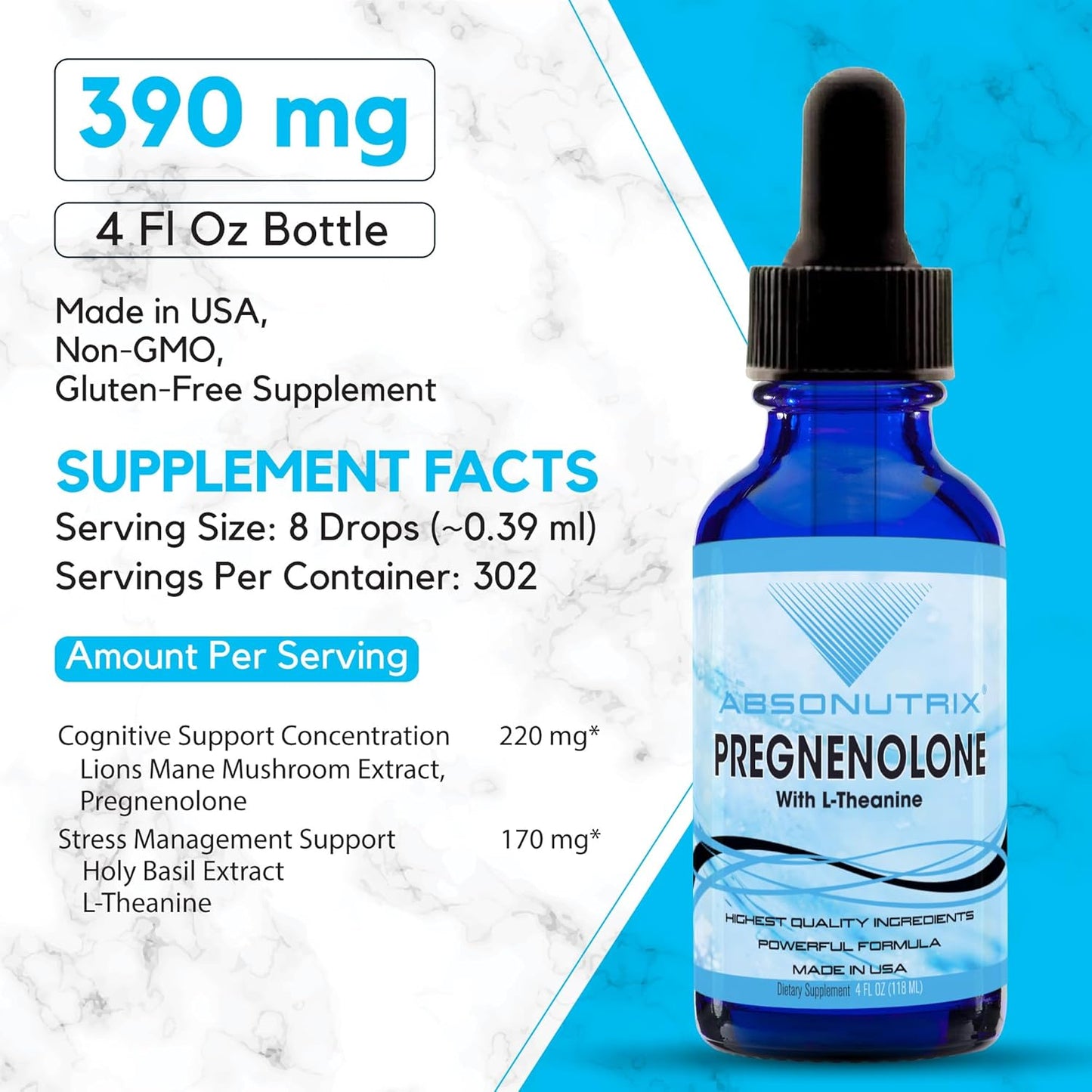 Premium Absonutrix Pregnenolone with L-Theanine Liquid - 390mg, 4 Oz, 302 Servings - USA Made, Fast Absorption, High-Quality Ingredients, Non-GMO, GMP Certified