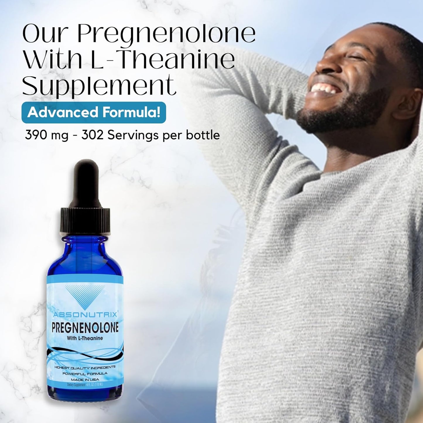 Premium Absonutrix Pregnenolone with L-Theanine Liquid - 390mg, 4 Oz, 302 Servings - USA Made, Fast Absorption, High-Quality Ingredients, Non-GMO, GMP Certified
