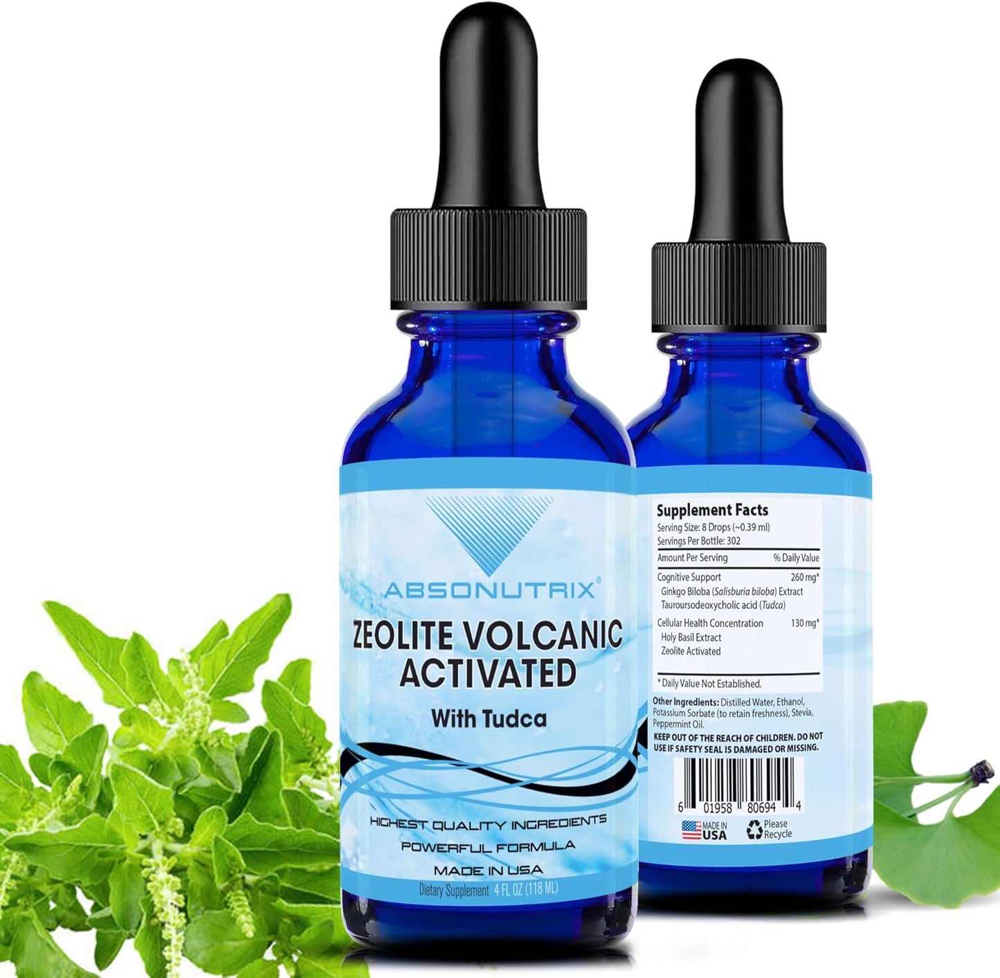 Premium Absonutrix Zeolite Volcanic Activated with Tudca Liquid 390mg - 4 Oz, 302 Servings - USA Made, Fast Absorption, Potent Ingredients - Non-GMO, GMP Certified