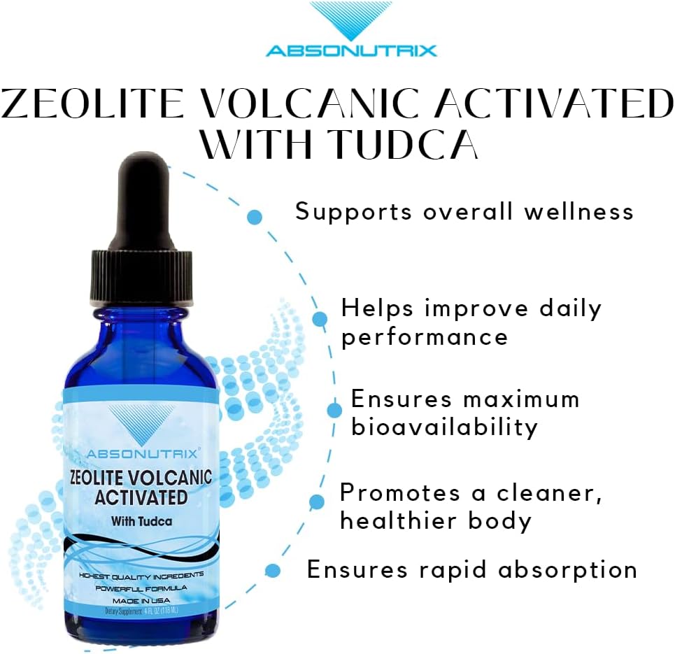 Premium Absonutrix Zeolite Volcanic Activated with Tudca Liquid 390mg - 4 Oz, 302 Servings - USA Made, Fast Absorption, Potent Ingredients - Non-GMO, GMP Certified