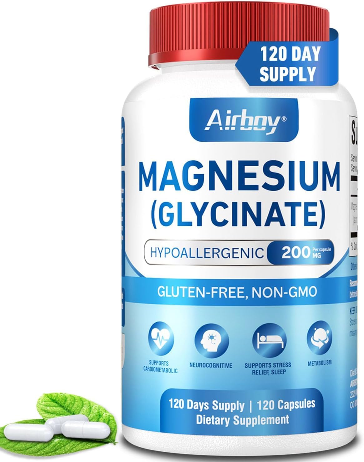 Premium Airboy Magnesium Glycinate 200mg Capsules for Sleep & Relaxation - 120 Vegan Caps, High Absorption, Non-GMO & Gluten-Free