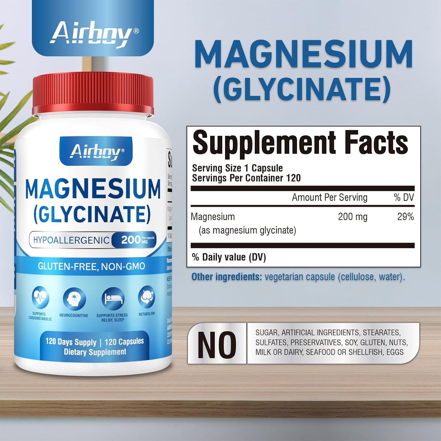 Premium Airboy Magnesium Glycinate 200mg Capsules for Sleep & Relaxation - 120 Vegan Caps, High Absorption, Non-GMO & Gluten-Free