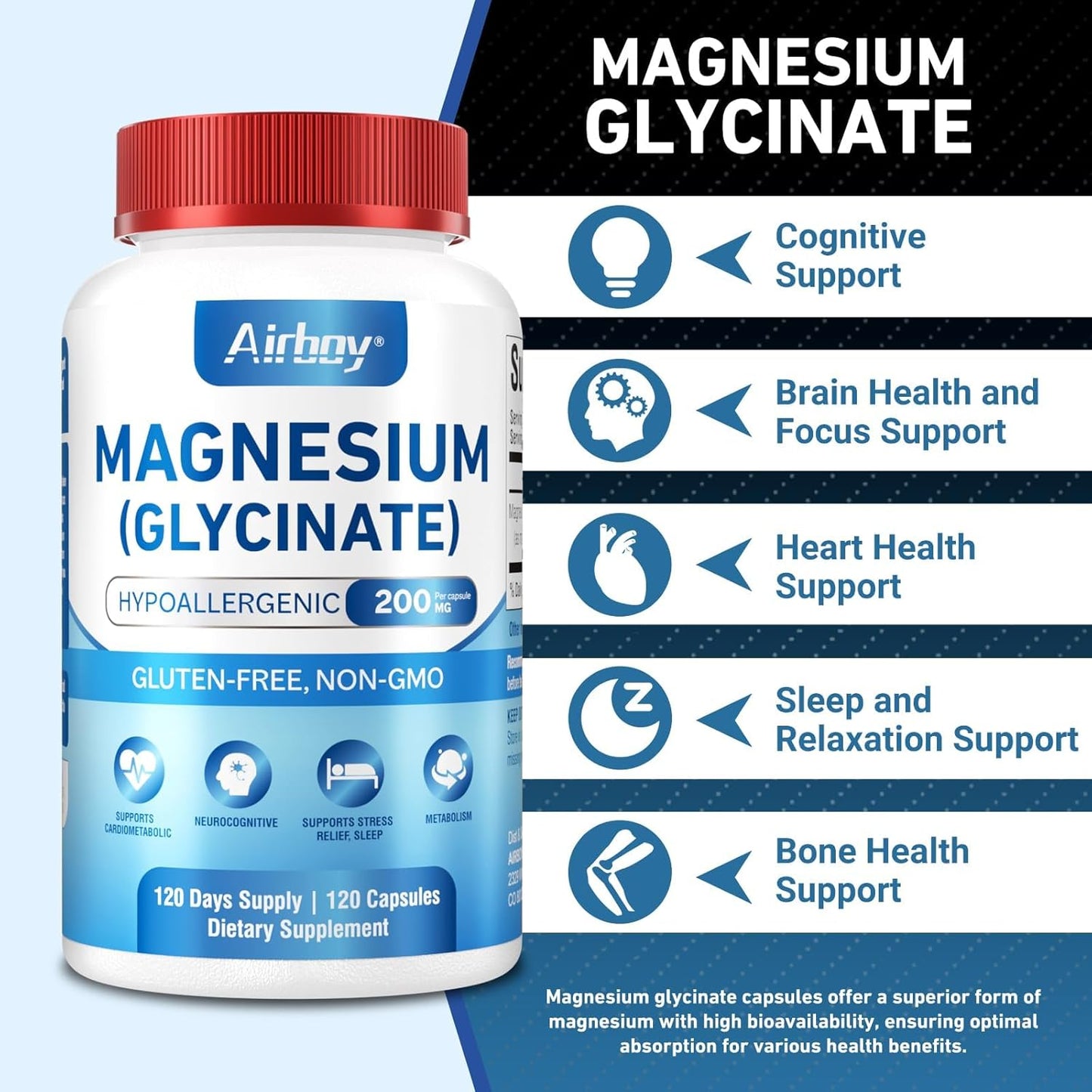 Premium Airboy Magnesium Glycinate 200mg Capsules for Sleep & Relaxation - 120 Vegan Caps, High Absorption, Non-GMO & Gluten-Free