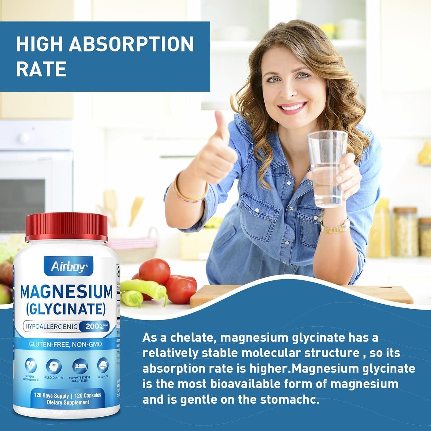 Premium Airboy Magnesium Glycinate 200mg Capsules for Sleep & Relaxation - 120 Vegan Caps, High Absorption, Non-GMO & Gluten-Free