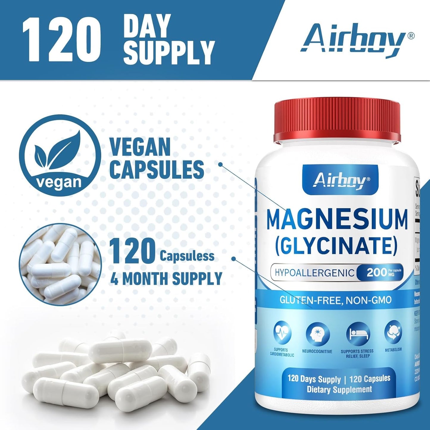 Premium Airboy Magnesium Glycinate 200mg Capsules for Sleep & Relaxation - 120 Vegan Caps, High Absorption, Non-GMO & Gluten-Free