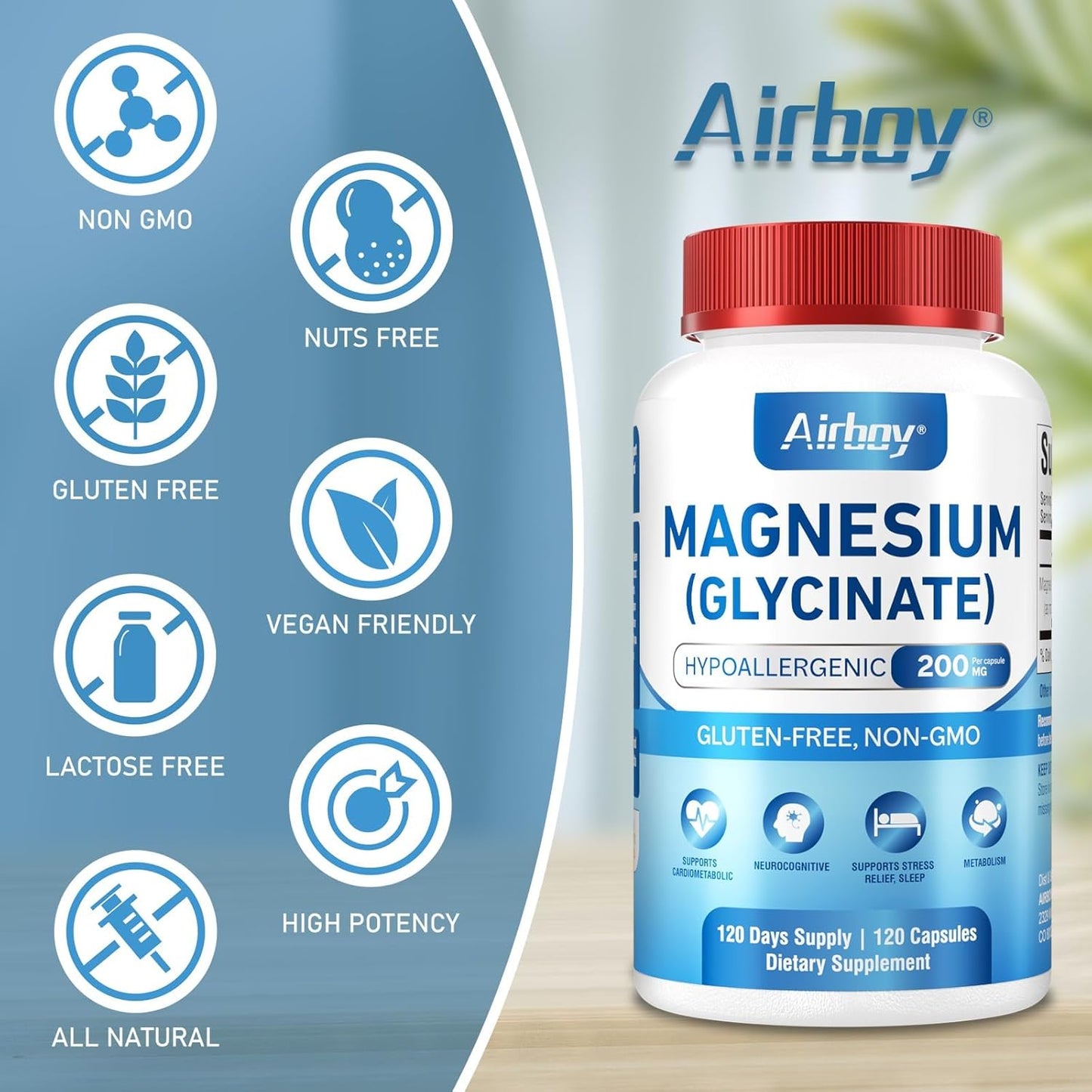 Premium Airboy Magnesium Glycinate 200mg Capsules for Sleep & Relaxation - 120 Vegan Caps, High Absorption, Non-GMO & Gluten-Free