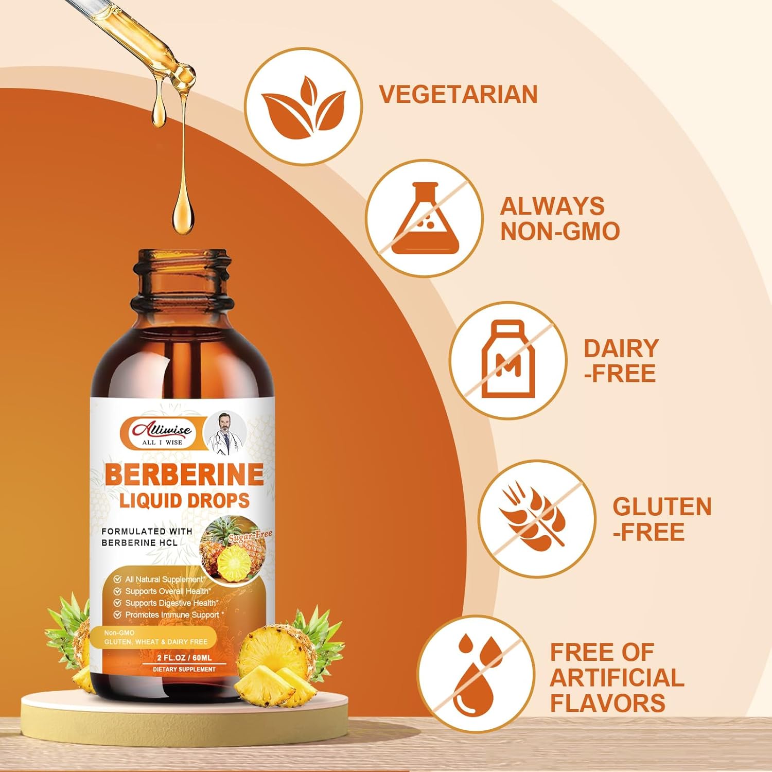 Premium Alliwise Berberine Liquid Drops with Bitter Melon for Immune & Digestive Support - 1500mg Berberine + Ceylon Cinnamon