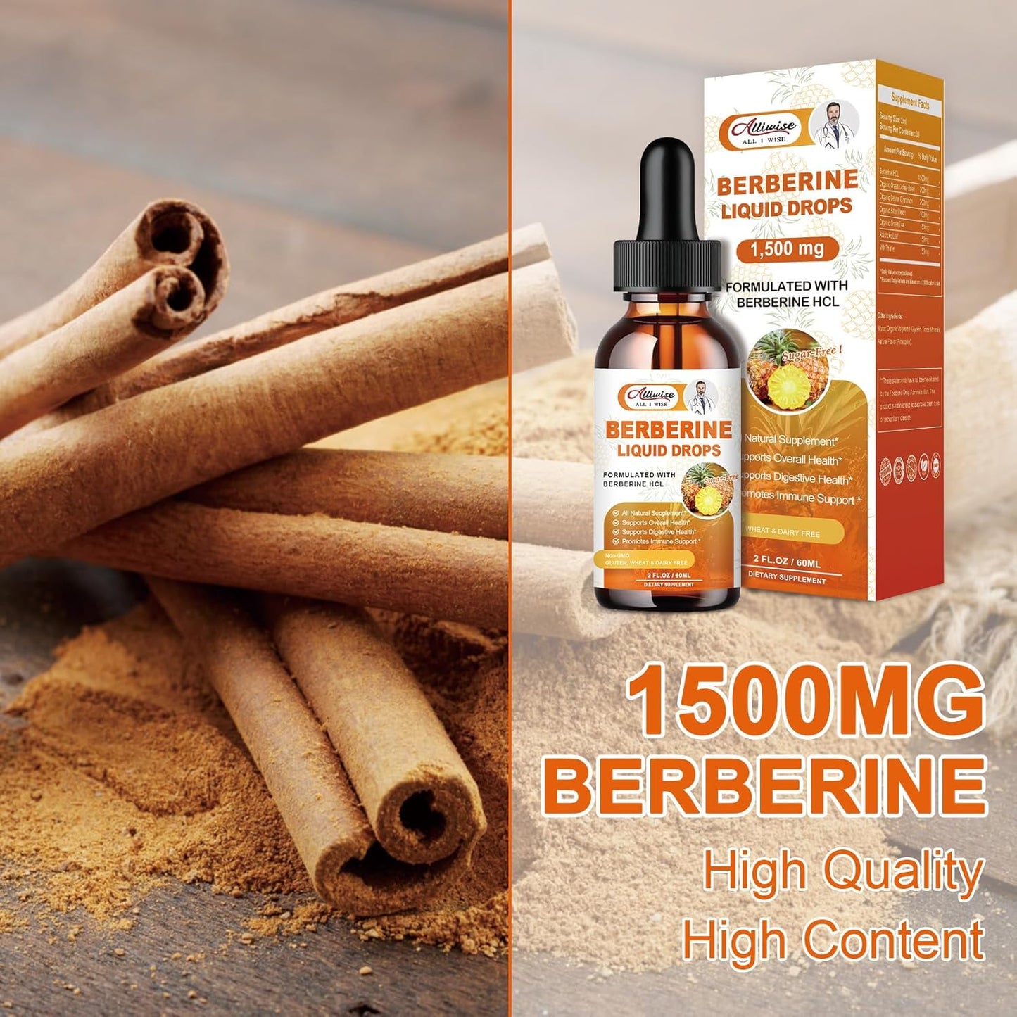Premium Alliwise Berberine Liquid Drops with Bitter Melon for Immune & Digestive Support - 1500mg Berberine + Ceylon Cinnamon