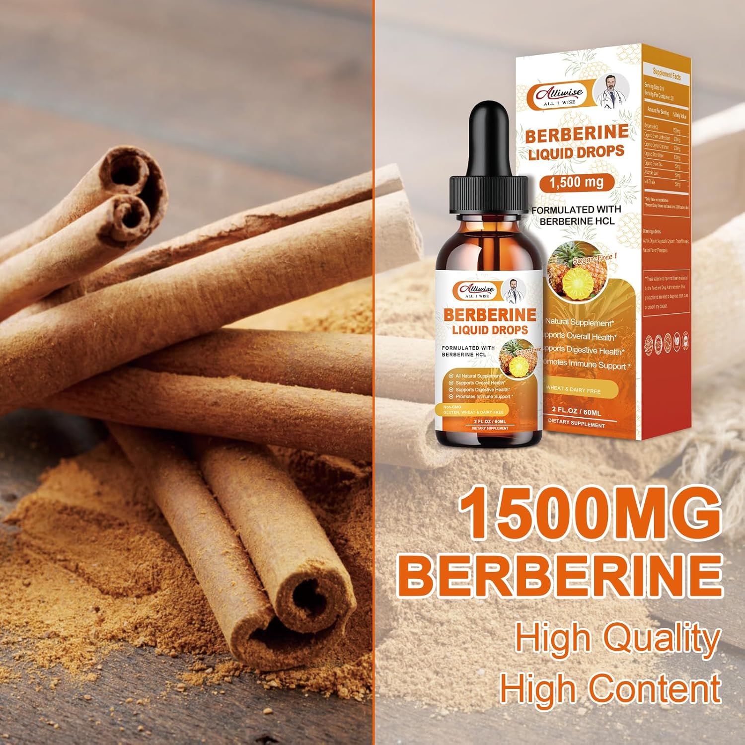 Premium Alliwise Berberine Liquid Drops with Bitter Melon for Immune & Digestive Support - 1500mg Berberine + Ceylon Cinnamon
