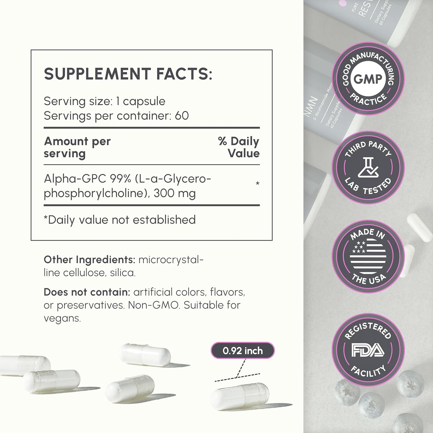 Premium Alpha GPC Supplement for Cognitive Enhancement - Boost Memory, Focus, and Brain Function - 300mg 60 Capsules - USA Made