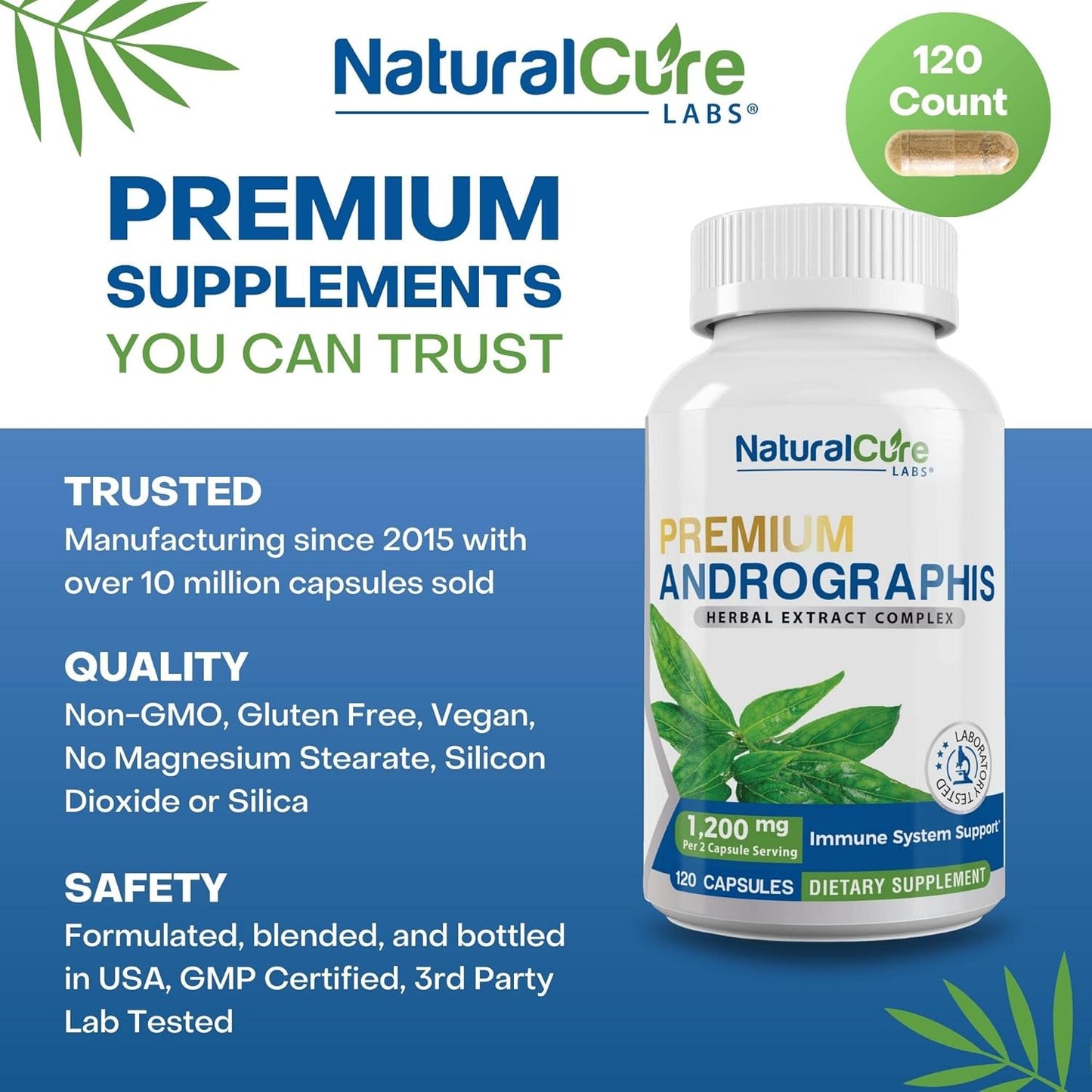Premium Andrographis Paniculata Extract Capsules - 1,200mg (100mg Andrographolides) - Non-GMO, Vegan, Gluten Free - 120 Count