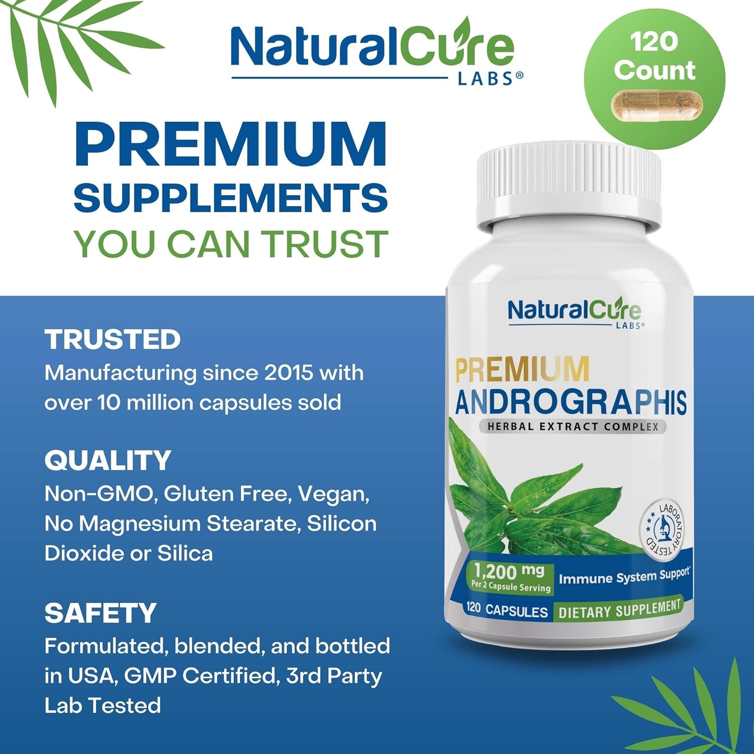 Premium Andrographis Paniculata Extract Capsules - 1,200mg (100mg Andrographolides) - Non-GMO, Vegan, Gluten Free - 120 Count