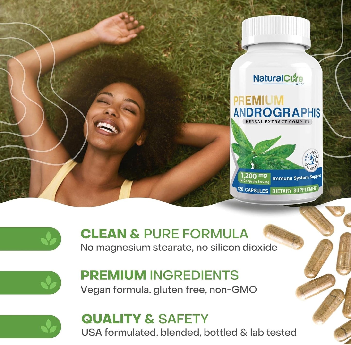 Premium Andrographis Paniculata Extract Capsules - 1,200mg (100mg Andrographolides) - Non-GMO, Vegan, Gluten Free - 120 Count