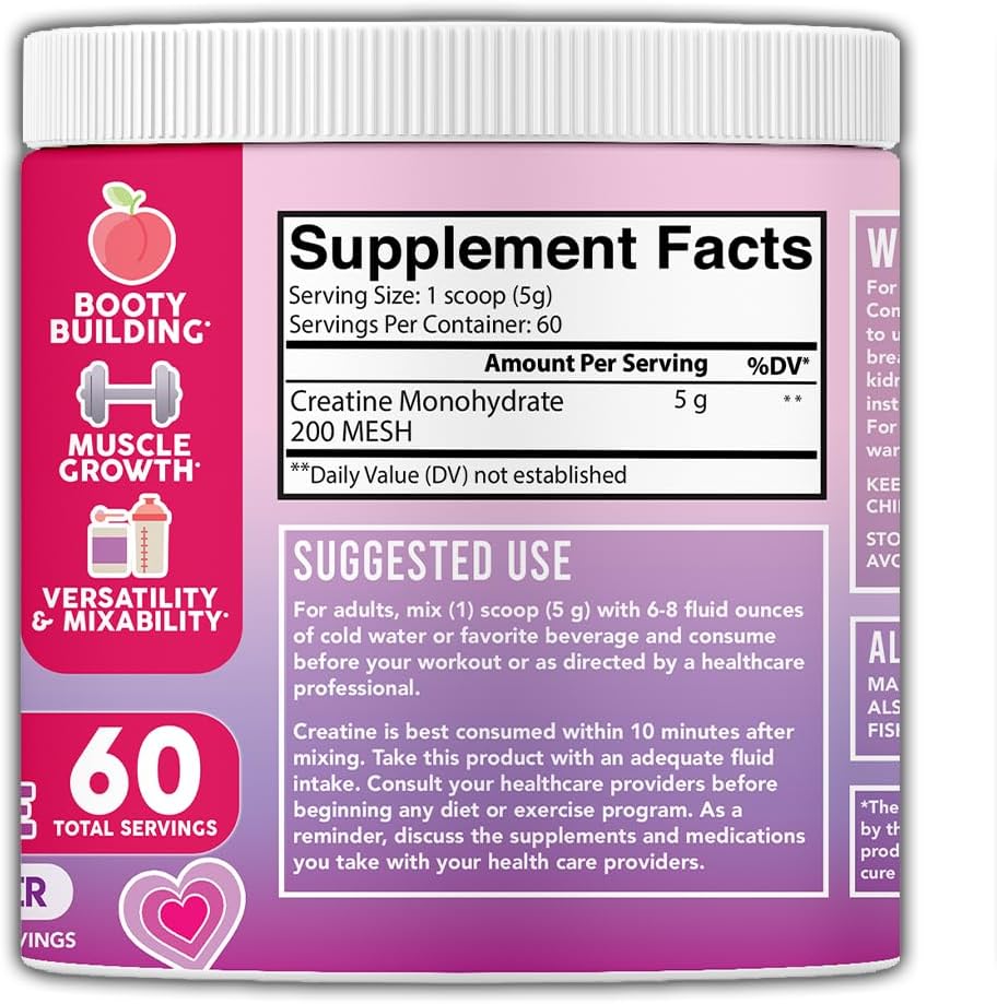 Premium Angry Supplements Creatine Monohydrate Powder for Women - Glute Builder Drink Mix, Unflavored, 60 Servings