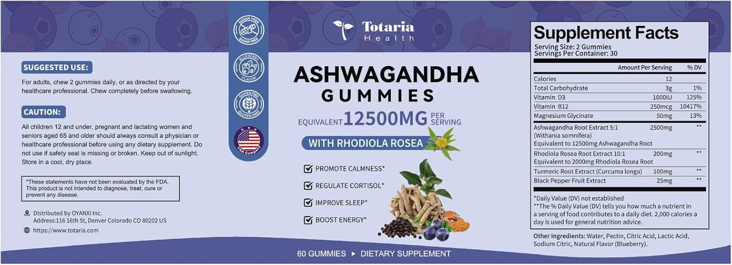 Premium Ashwagandha Gummies 2500mg for Women & Men with Ashwa Root, Magnesium Glycinate, Rhodiola Rosea - 60 Count