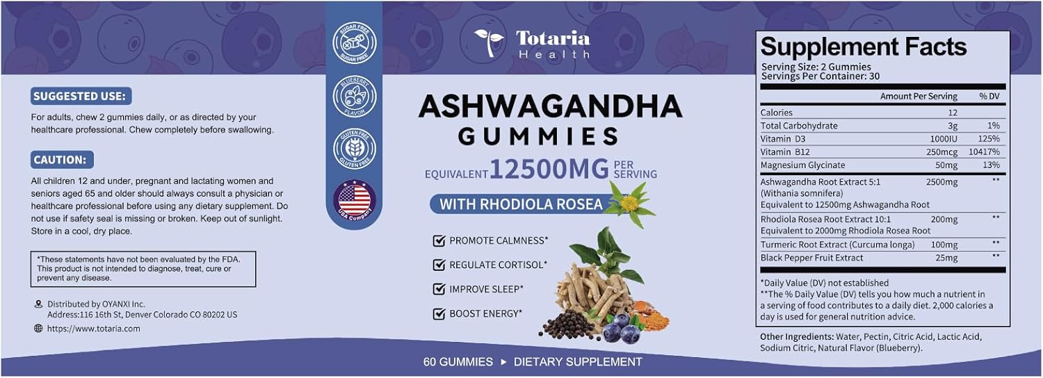 Premium Ashwagandha Gummies 2500mg for Women & Men with Ashwa Root, Magnesium Glycinate, Rhodiola Rosea - 60 Count
