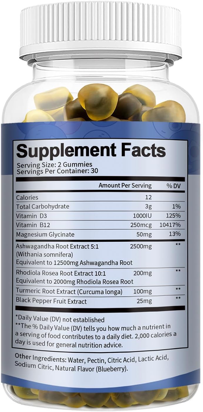 Premium Ashwagandha Gummies 2500mg for Women & Men with Ashwa Root, Magnesium Glycinate, Rhodiola Rosea - 60 Count