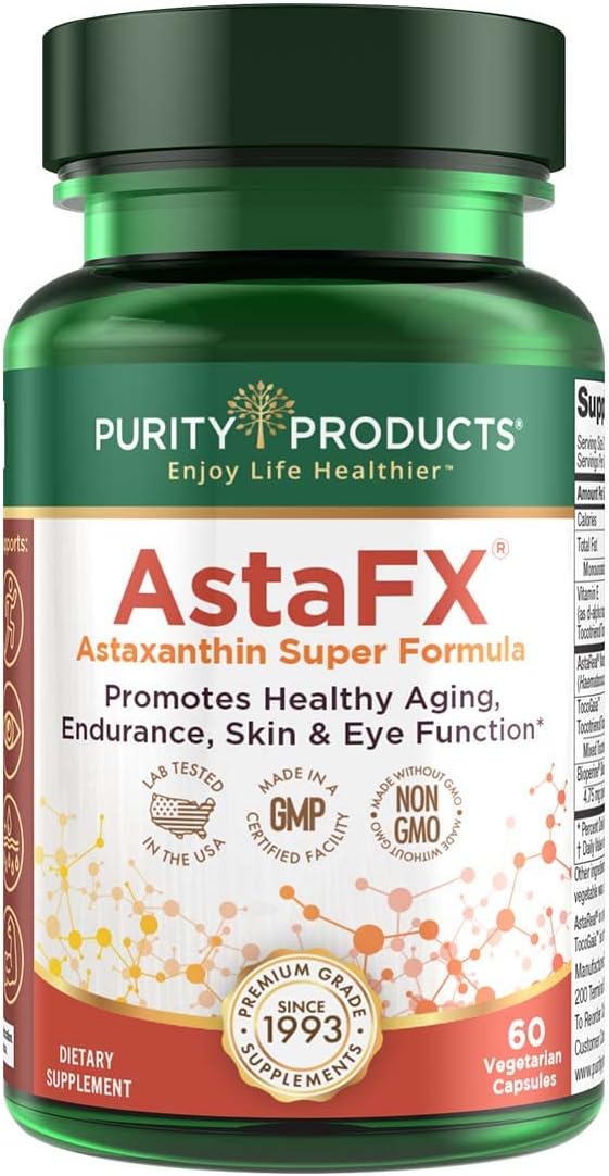 Premium AstaFX Astaxanthin Antioxidant Formula with Clinically Proven 4mg AstaREAL, Tocotrienols, BioPerine, Piperine - 60 Capsules