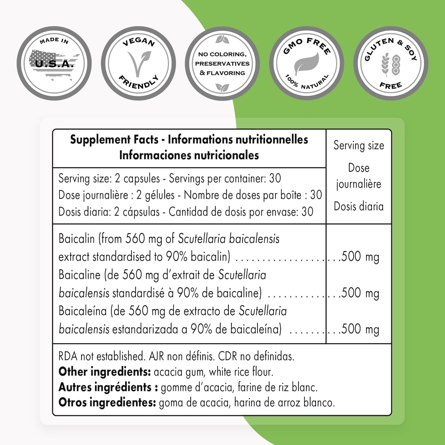 Premium Baicalin Supplement - 500mg Daily Chinese Skullcap Extract Capsules - Non-GMO & Gluten Free - 60 Veg Caps