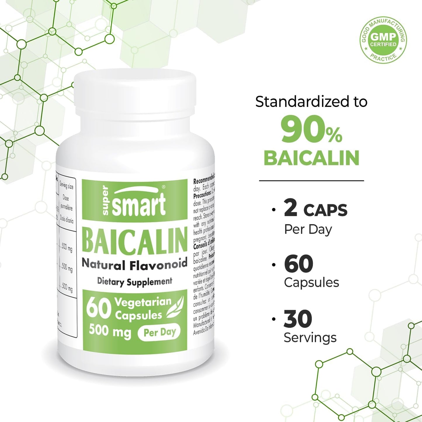 Premium Baicalin Supplement - 500mg Daily Chinese Skullcap Extract Capsules - Non-GMO & Gluten Free - 60 Veg Caps