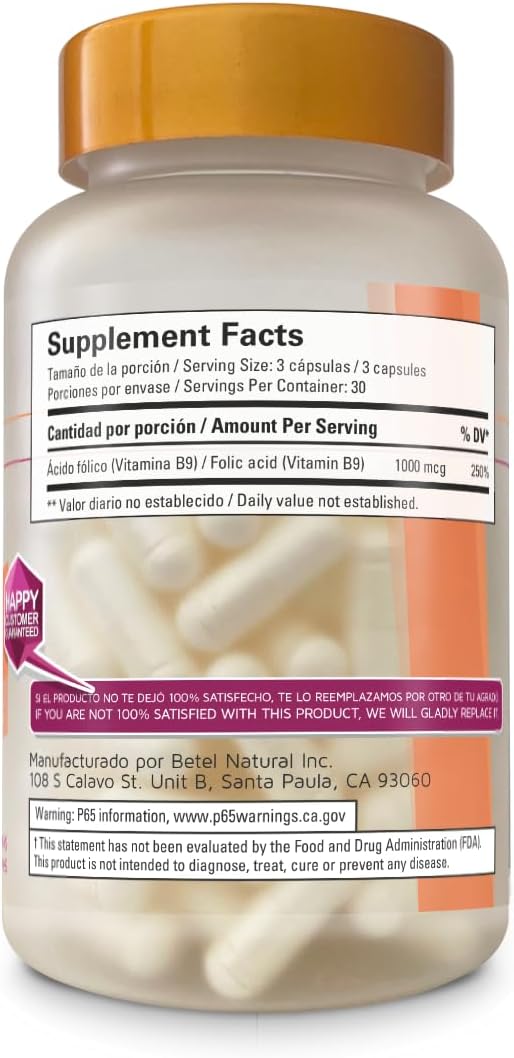 Premium Betel Natural Folic Acid Capsules 1000 mcg - 90 Count