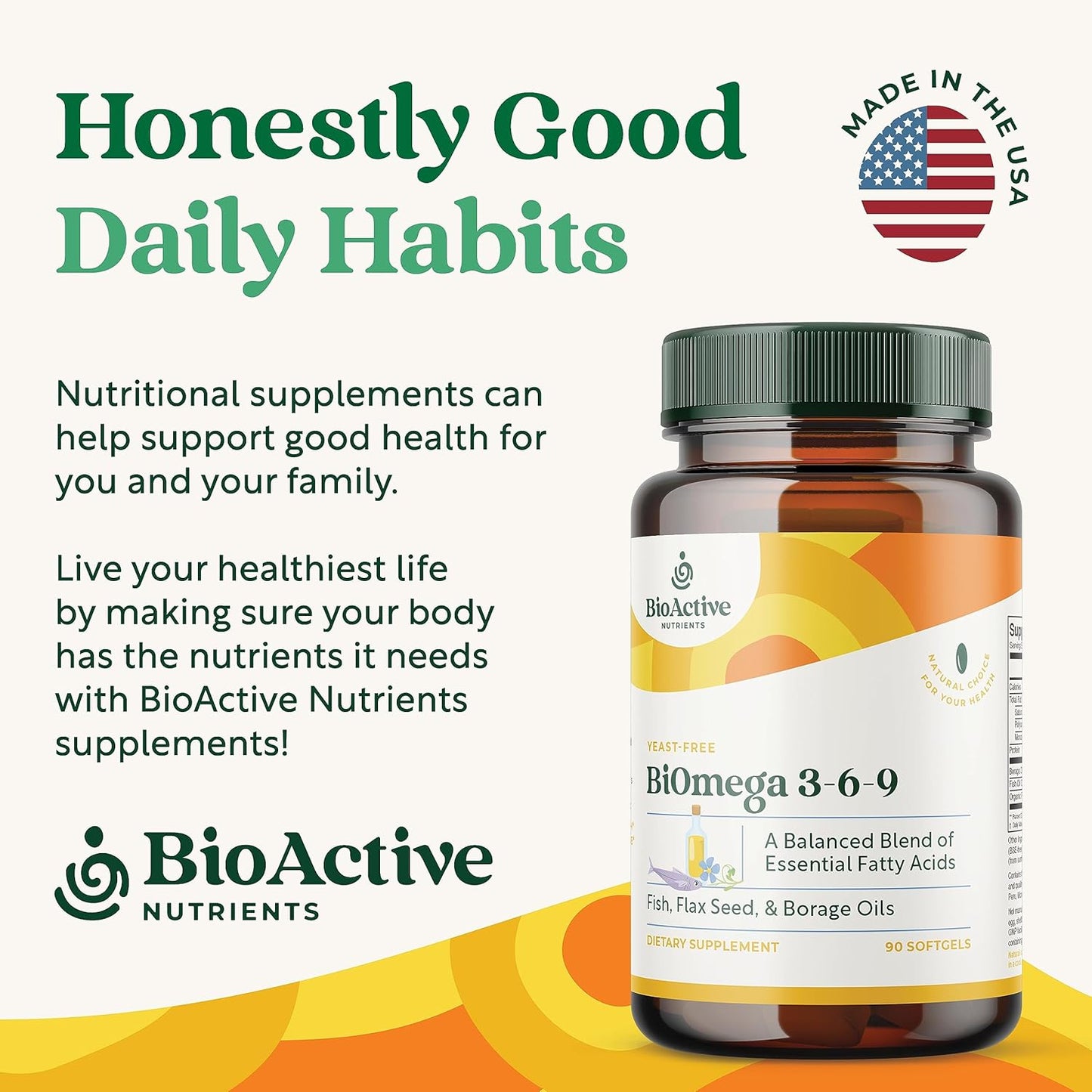 Premium BioActive Nutrients BiOmega 3-6-9 Softgels for Men & Women - Omega 3 6 9 Complex - 1200mg, 90 Softgels - Fish, Flaxseed, Borage Oil Blend