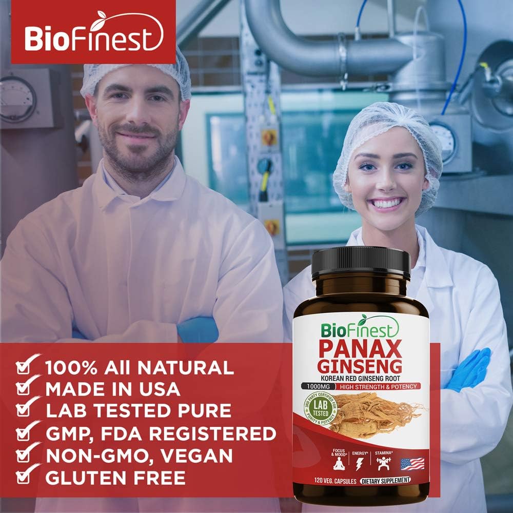 Premium BioFinest Korean Panax Ginseng Supplement - 1000mg Red Ginseng Root with 5% Ginsenosides for Enhanced Focus, Energy, Stamina, Memory, and Immune Support - 120 Capsules for Men and Women