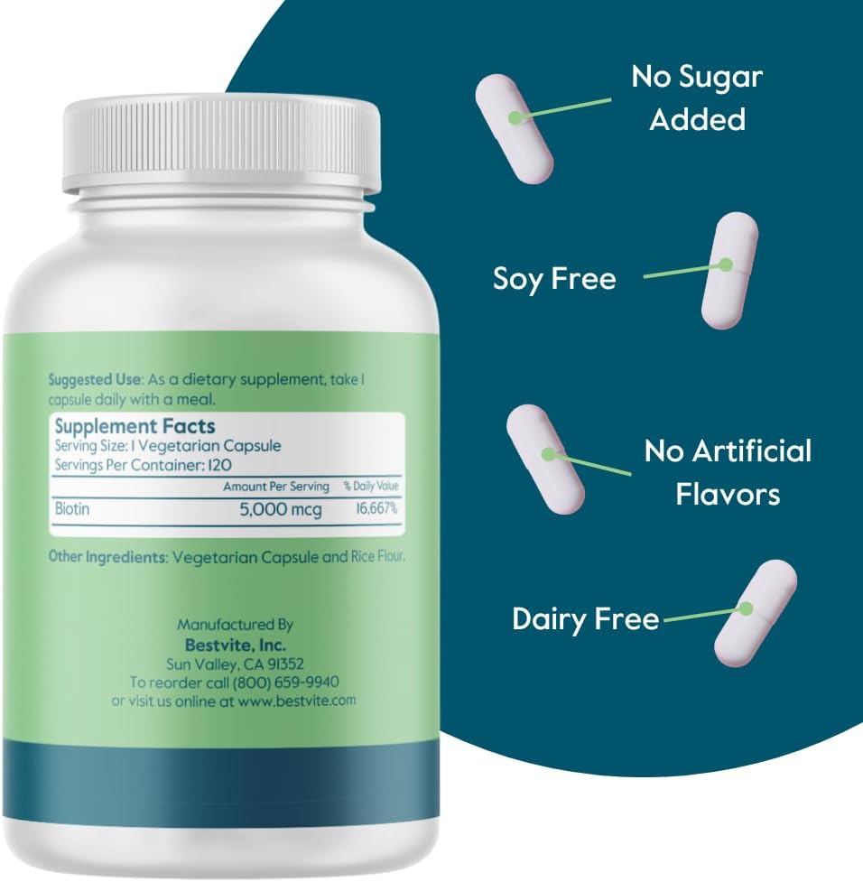 Premium Biotin 5000mcg Capsules for Hair, Skin, Nails - Vegan, Non GMO, Gluten Free - 120 Vegetarian Capsules