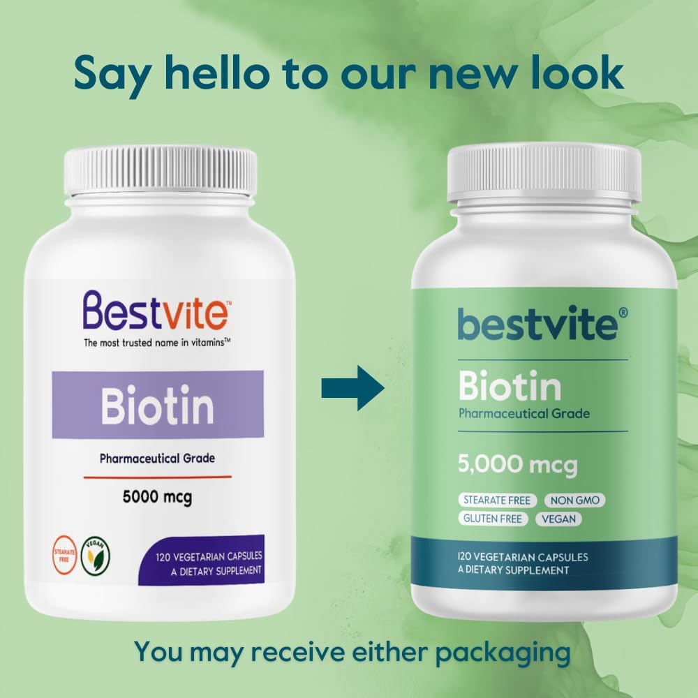 Premium Biotin 5000mcg Capsules for Hair, Skin, Nails - Vegan, Non GMO, Gluten Free - 120 Vegetarian Capsules