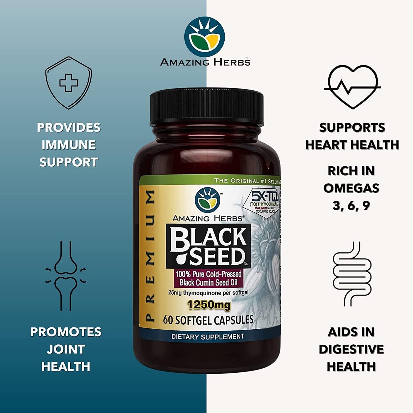 Premium Black Seed Oil Capsules - Cold Pressed Nigella Sativa for Digestive Health, Immune Support & Brain Function - 60 Count, 1250mg (2 Pack)