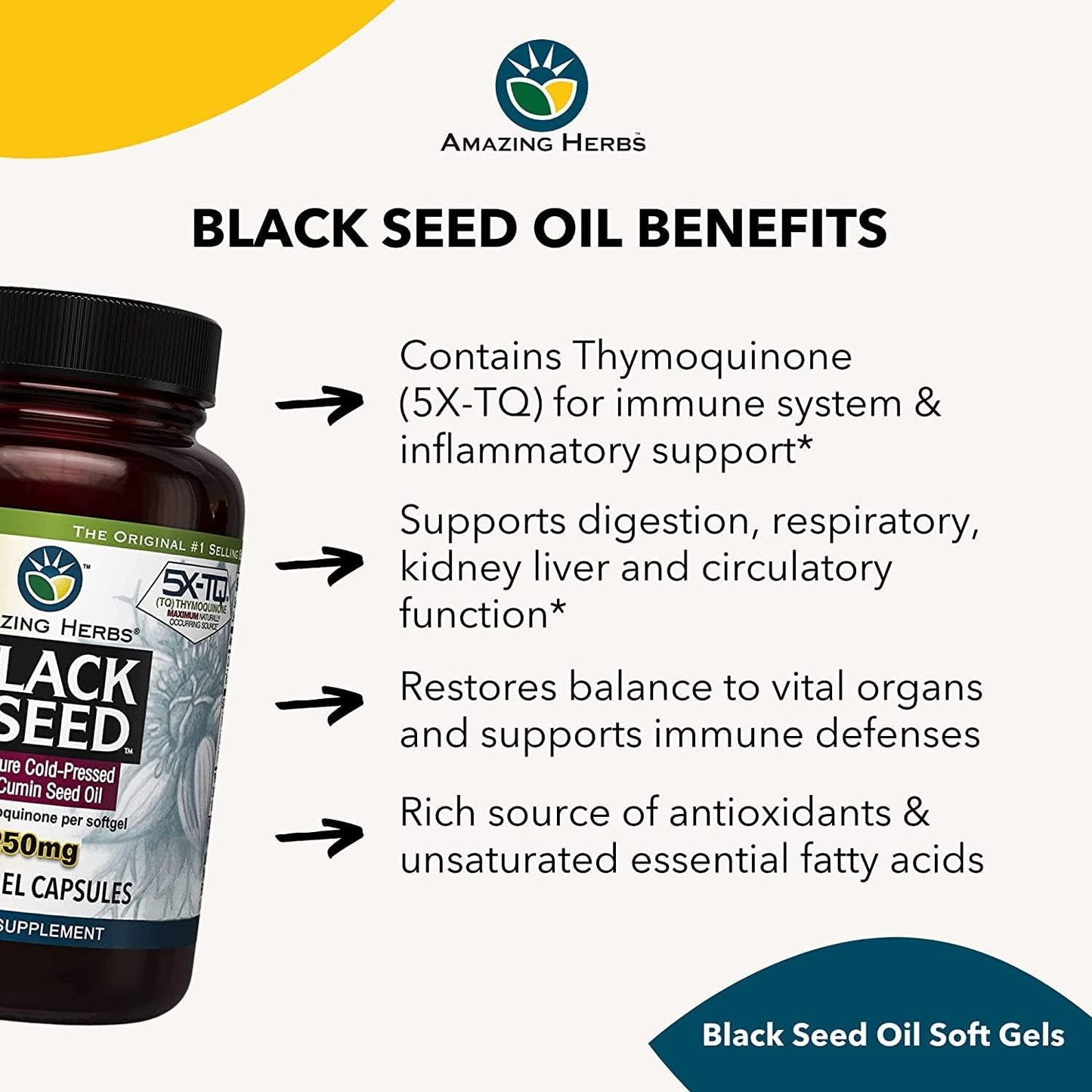 Premium Black Seed Oil Capsules - Cold Pressed Nigella Sativa for Digestive Health, Immune Support & Brain Function - 60 Count, 1250mg (2 Pack)