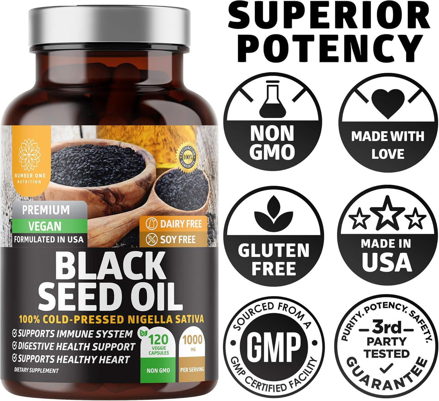 Premium Black Seed Oil Capsules - Max Strength (1000mg) Cold-Pressed Nigella Sativa for Digestion, Immune System, Joint Comfort - 120 Count