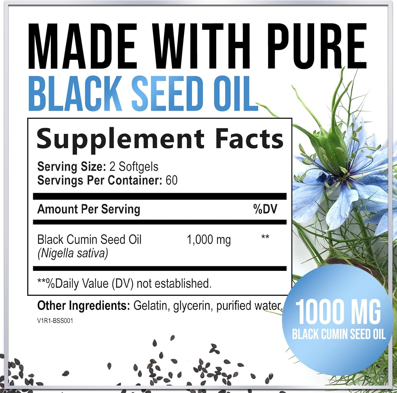 Premium Black Seed Oil Capsules 1000mg - Immune & Skin Support, Non-GMO & Vegan - 120 Softgels