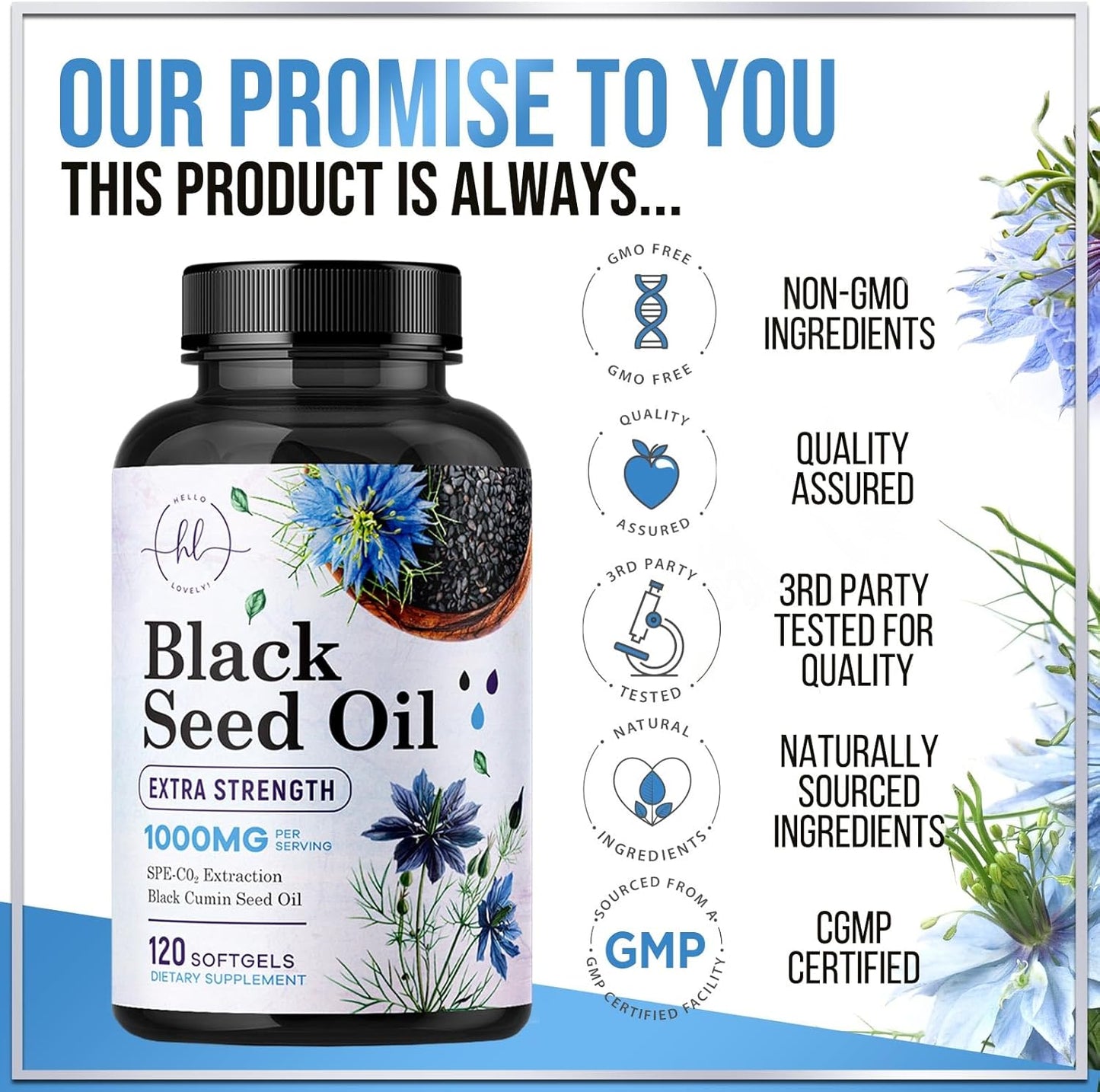Premium Black Seed Oil Capsules 1000mg - Immune & Skin Support, Non-GMO & Vegan - 120 Softgels