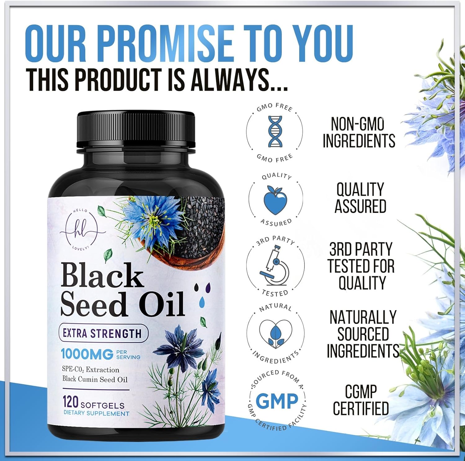 Premium Black Seed Oil Capsules 1000mg - Immune & Skin Support, Non-GMO & Vegan - 120 Softgels