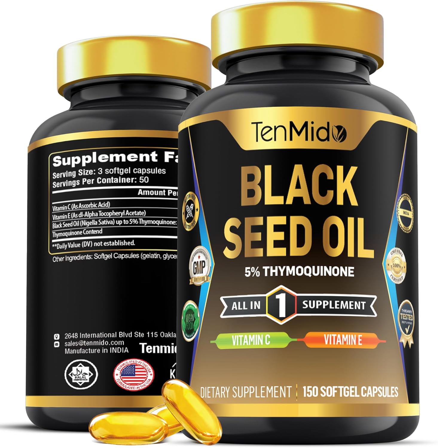 Premium Black Seed Oil Capsules with Vitamin C & E - 4in1 Formula for Digestive Health & Immune Support - 150 Softgels
