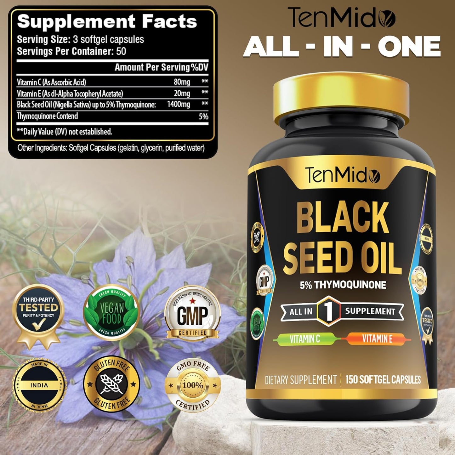 Premium Black Seed Oil Capsules with Vitamin C & E - 4in1 Formula for Digestive Health & Immune Support - 150 Softgels