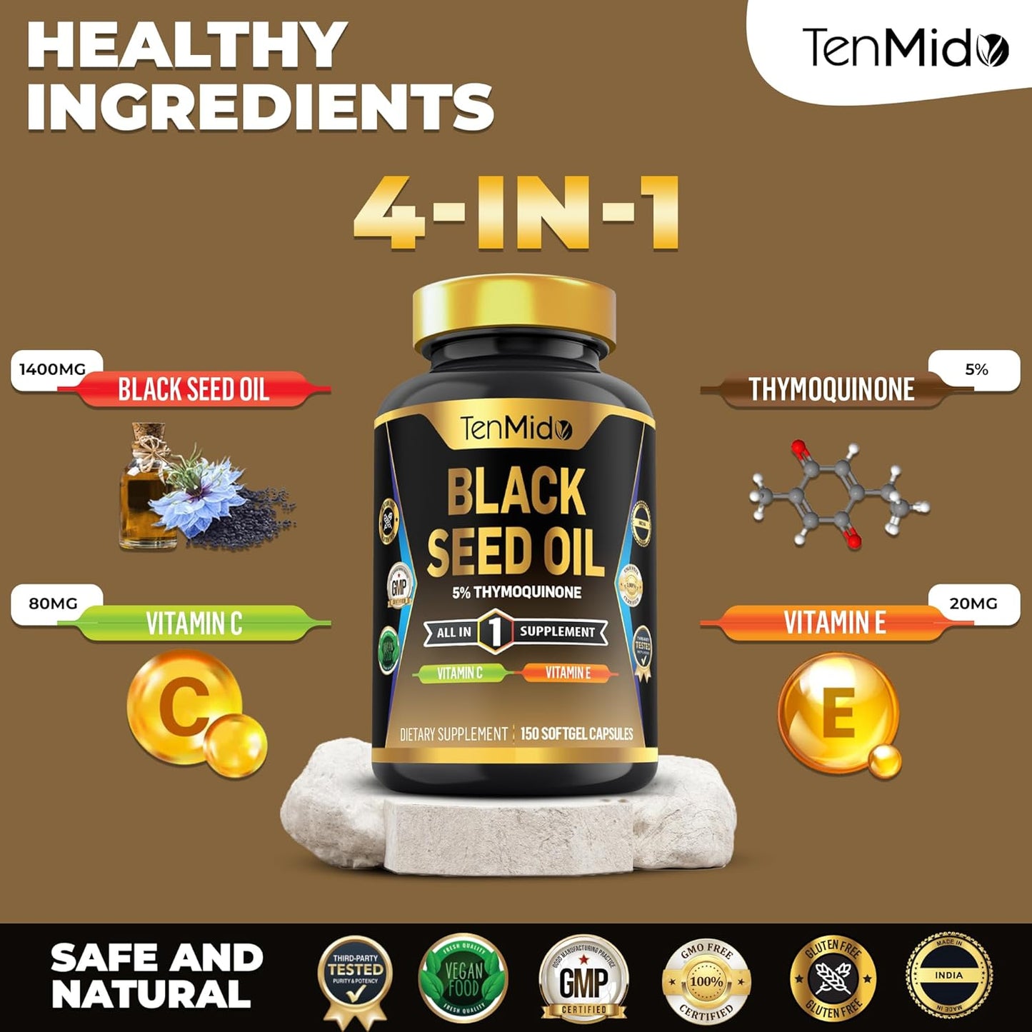 Premium Black Seed Oil Capsules with Vitamin C & E - 4in1 Formula for Digestive Health & Immune Support - 150 Softgels