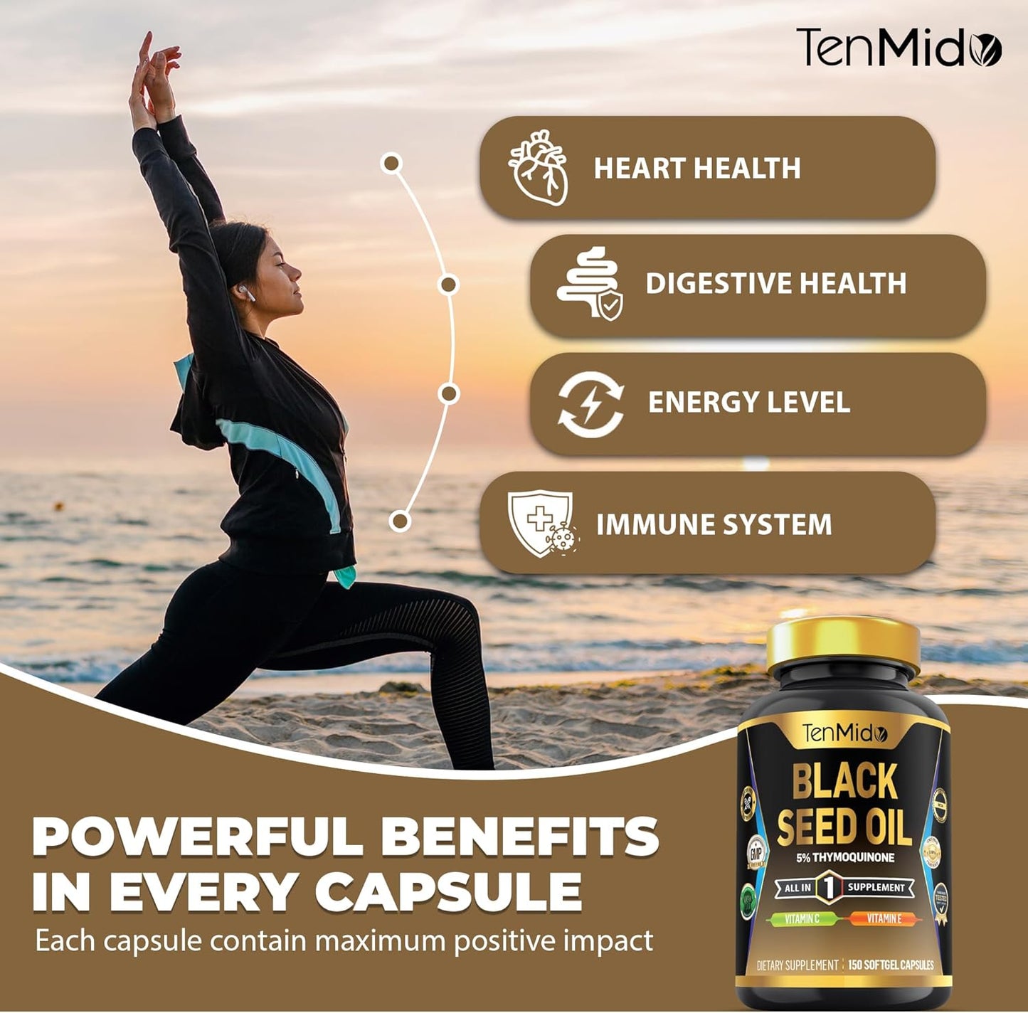 Premium Black Seed Oil Capsules with Vitamin C & E - 4in1 Formula for Digestive Health & Immune Support - 150 Softgels