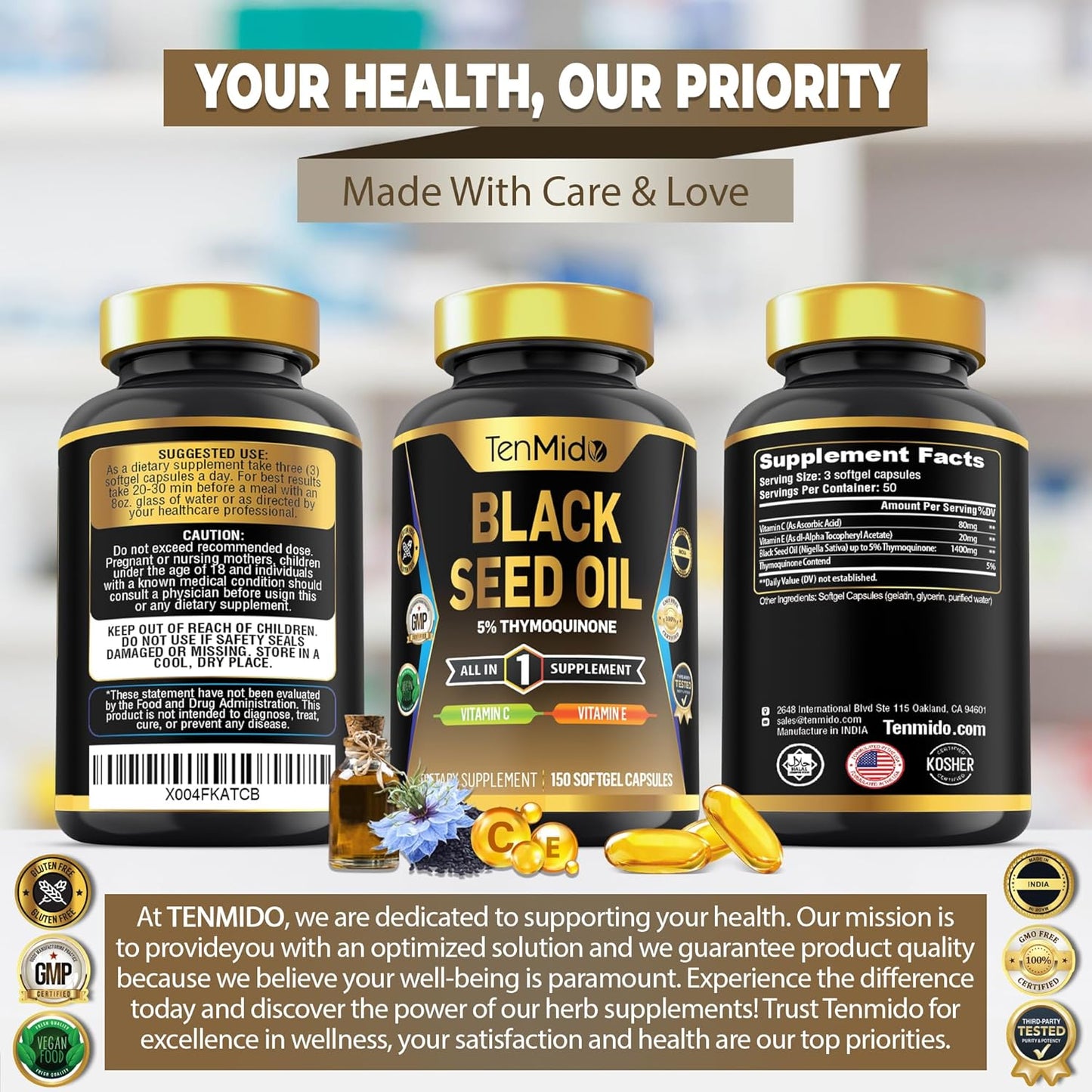 Premium Black Seed Oil Capsules with Vitamin C & E - 4in1 Formula for Digestive Health & Immune Support - 150 Softgels
