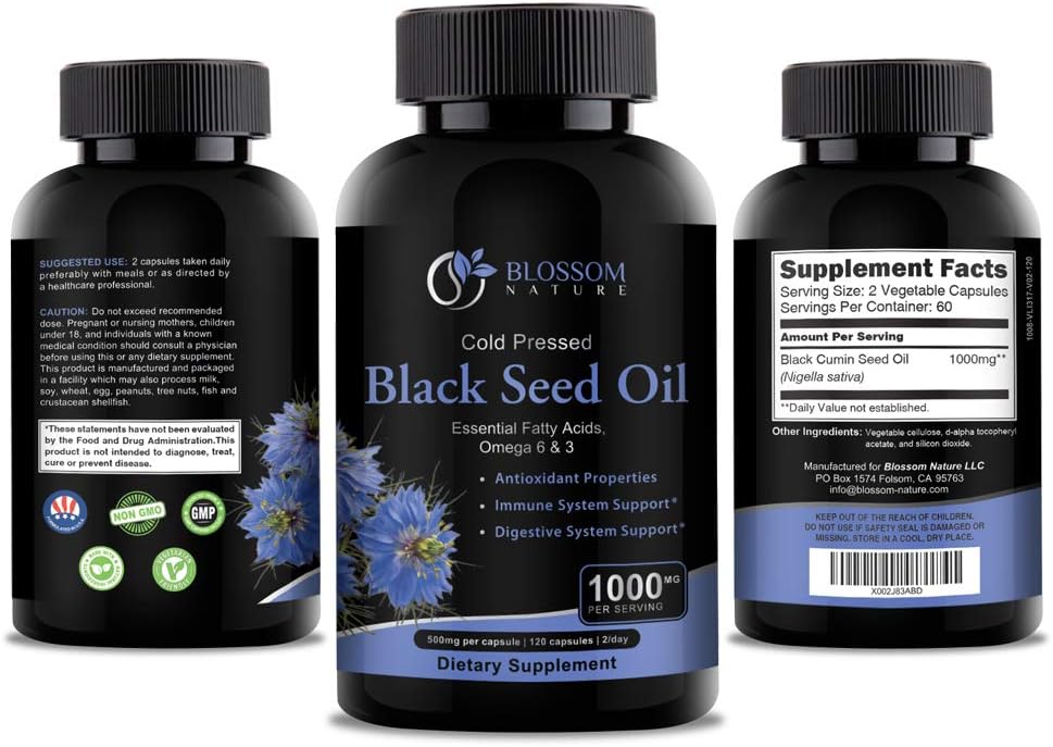 Premium Blossom Nature Black Seed Oil Capsules 1000mg - Cold Pressed Nigella Sativa Oil Pills - 120 Cap - 2 Month Supply