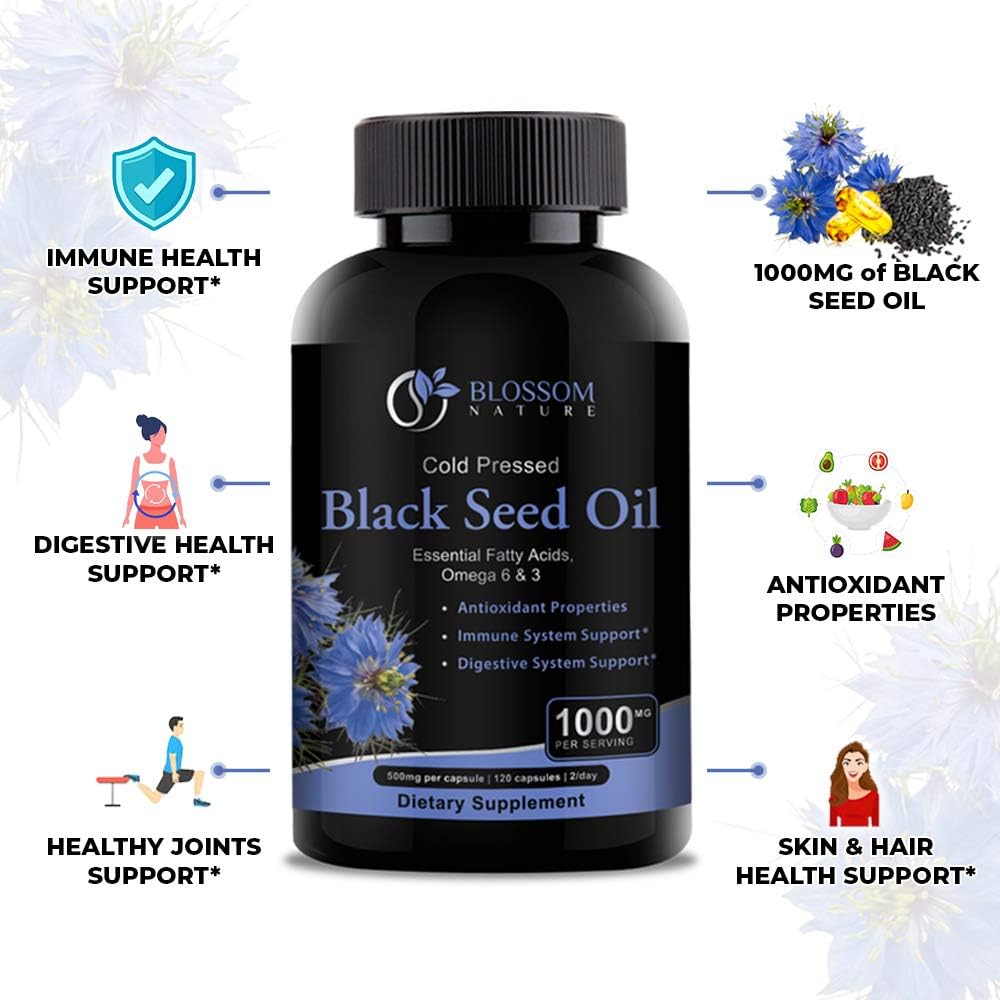 Premium Blossom Nature Black Seed Oil Capsules 1000mg - Cold Pressed Nigella Sativa Oil Pills - 120 Cap - 2 Month Supply
