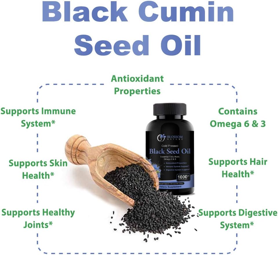 Premium Blossom Nature Black Seed Oil Capsules 1000mg - Cold Pressed Nigella Sativa Oil Pills - 120 Cap - 2 Month Supply